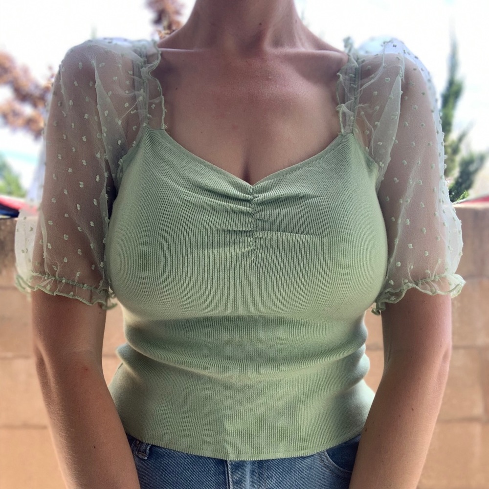 Sweetheart Blouse/ Polka Dot Mesh Poof Sleeve Sz M